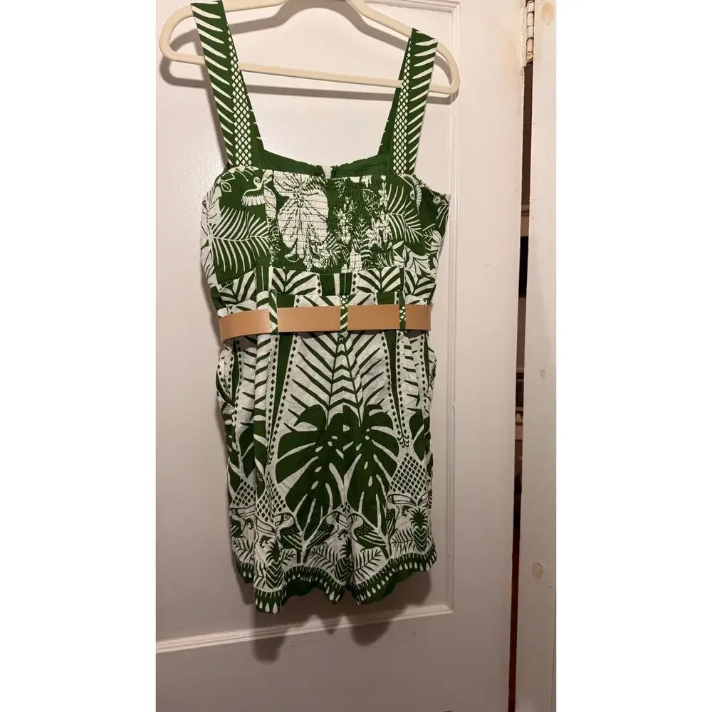 Farm Rio Macaw Elegance Tropical Romper Green Cream Sleeveless M (has call outs) - Picture 6 of 9